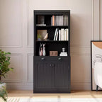 70 5-Tier Bookshelf,with Doors & Drawer, Modern Pantry Sideboard with Adjustable Shelf, Wood Storage Cabinet for Living Room, Home Office,Black