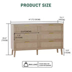 Farmhouse Natural Ratta 6 Drawer Dresser with Gold Metal Handle and 5 Strong Legs for Living Room