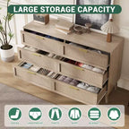 Farmhouse Natural Ratta 6 Drawer Dresser with Gold Metal Handle and 5 Strong Legs for Living Room