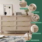 Farmhouse Natural Ratta 6 Drawer Dresser with Gold Metal Handle and 5 Strong Legs for Living Room