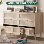 Farmhouse Natural Ratta 6 Drawer Dresser with Gold Metal Handle and 5 Strong Legs for Living Room