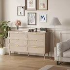 Farmhouse Natural Ratta 6 Drawer Dresser with Gold Metal Handle and 5 Strong Legs for Living Room