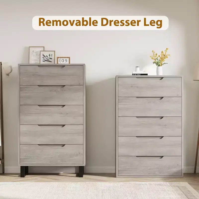 5-Drawer Tall Wooden Dresser - 50"H Vertical Chest for Bedroom, Living Room, Hallway or Entryway