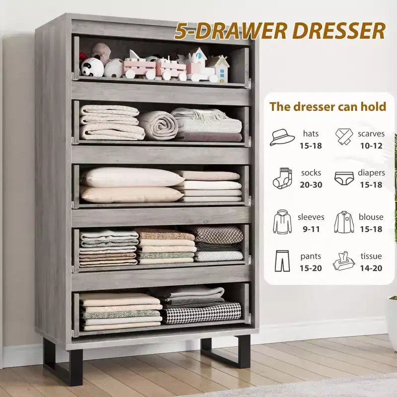 5-Drawer Tall Wooden Dresser - 50"H Vertical Chest for Bedroom, Living Room, Hallway or Entryway