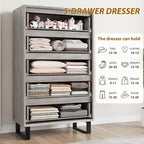 5-Drawer Tall Wooden Dresser - 50"H Vertical Chest for Bedroom, Living Room, Hallway or Entryway