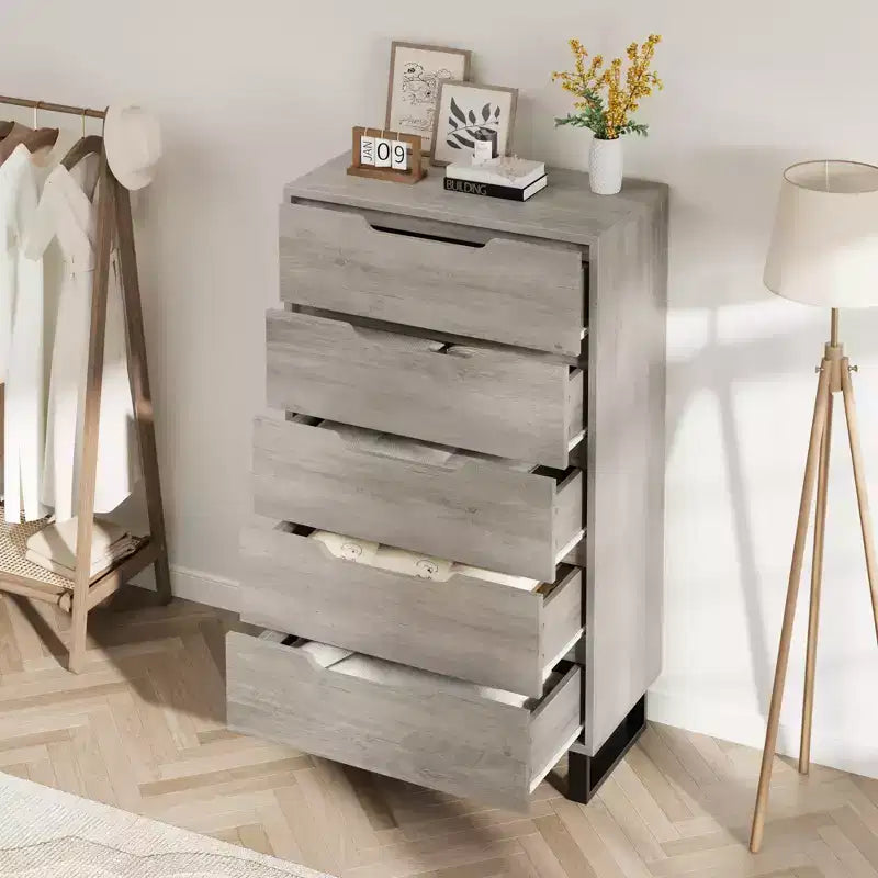 5-Drawer Tall Wooden Dresser - 50"H Vertical Chest for Bedroom, Living Room, Hallway or Entryway
