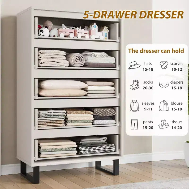 5-Drawer Tall Wooden Dresser - 50"H Vertical Chest for Bedroom, Living Room, Hallway or Entryway