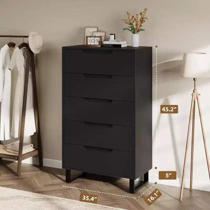 5-Drawer Tall Wooden Dresser - 50"H Vertical Chest for Bedroom, Living Room, Hallway or Entryway