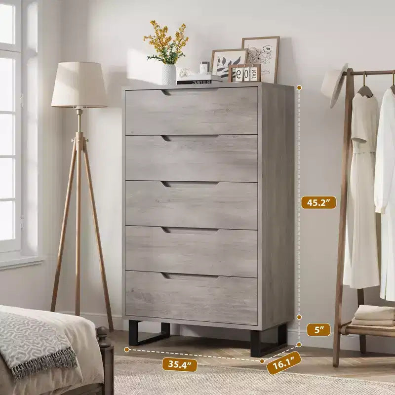 5-Drawer Tall Wooden Dresser - 50"H Vertical Chest for Bedroom, Living Room, Hallway or Entryway
