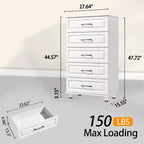 5-Drawer Tall Dresser with Steel Handles - White, 47.72"H, Bedroom or Closet Storage