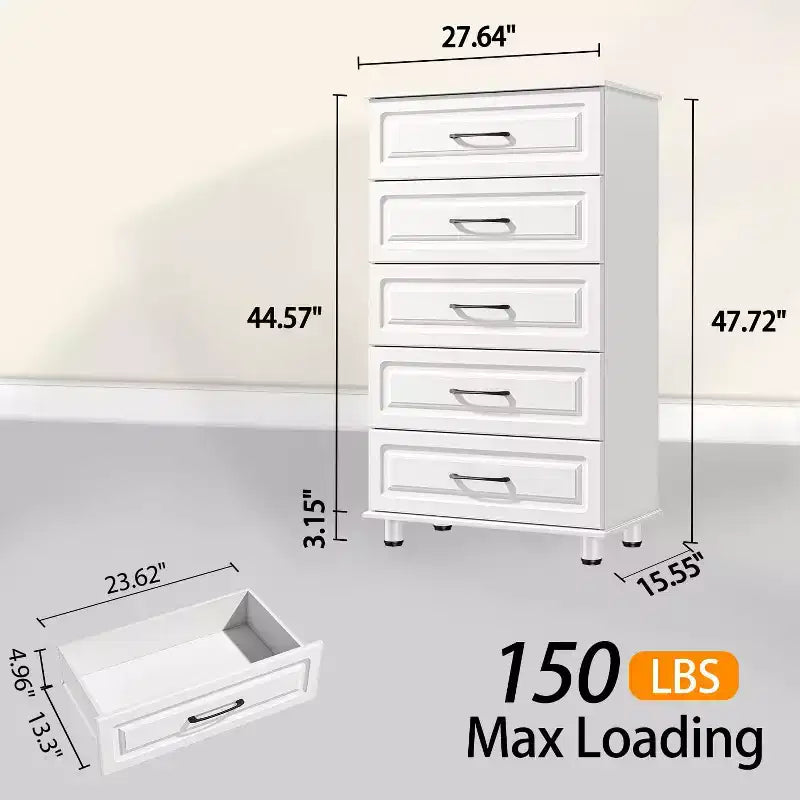 5-Drawer Tall Dresser with Steel Handles - White, 47.72"H, Bedroom or Closet Storage
