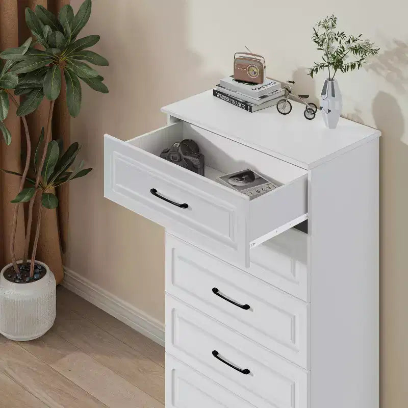 5-Drawer Tall Dresser with Steel Handles - White, 47.72"H, Bedroom or Closet Storage
