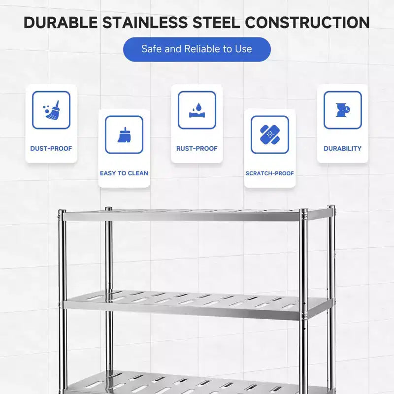 Heavy Duty Stainless Steel Storage Shelves - Adjustable Height, 3-Tier, for Kitchen, Garage or Restaurant