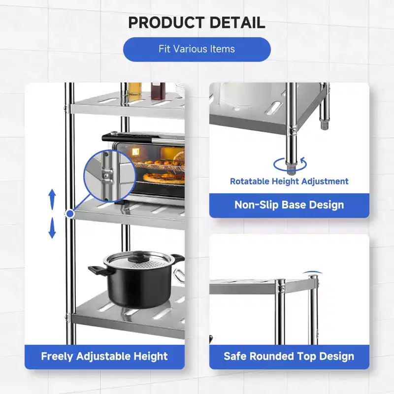 Heavy Duty Stainless Steel Storage Shelves - Adjustable Height, 3-Tier, for Kitchen, Garage or Restaurant