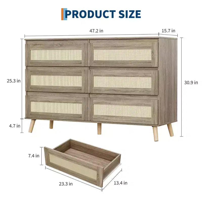 6-Drawer Rattan Dresser with Wide Top - Wooden Chest of Drawers for Bedroom or Closet
