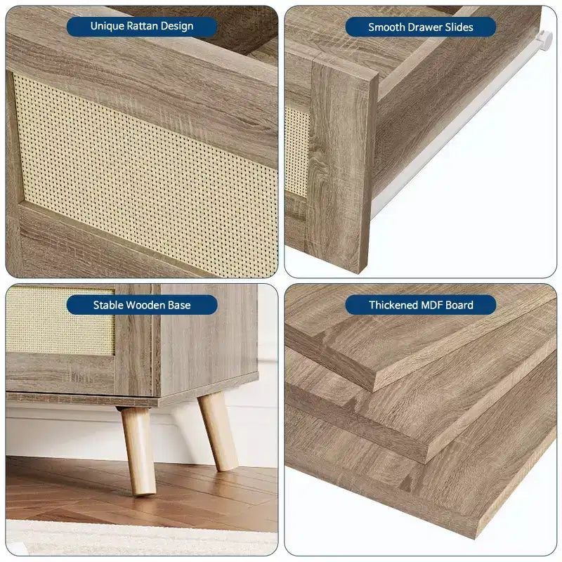 6-Drawer Rattan Dresser with Wide Top - Wooden Chest of Drawers for Bedroom or Closet