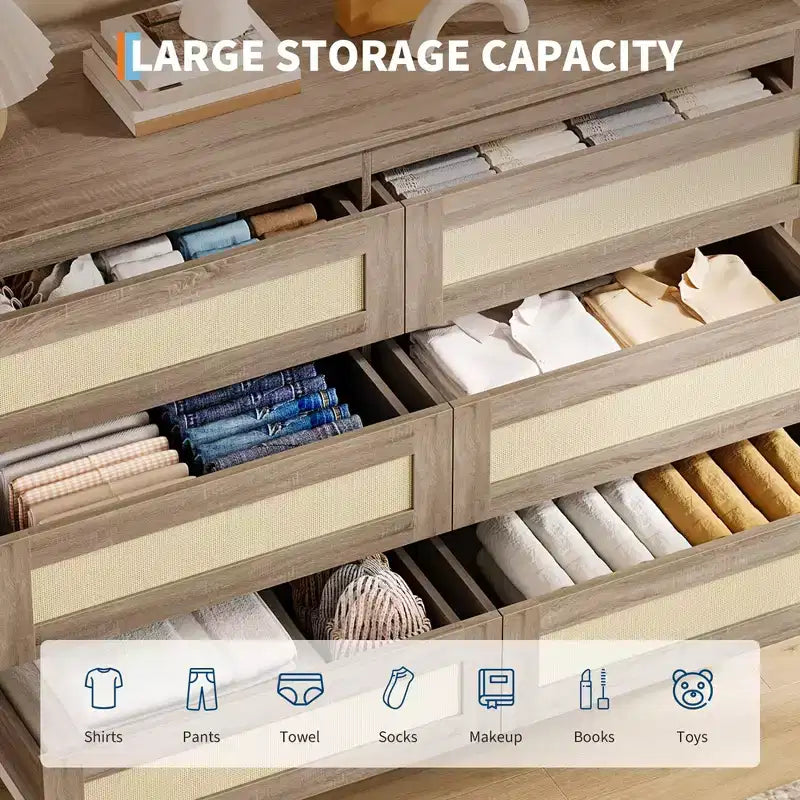 6-Drawer Rattan Dresser with Wide Top - Wooden Chest of Drawers for Bedroom or Closet