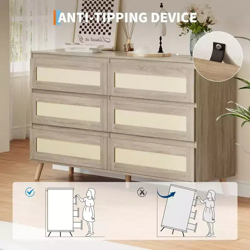 6-Drawer Rattan Dresser with Wide Top - Wooden Chest of Drawers for Bedroom or Closet