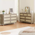 6-Drawer Rattan Dresser with Wide Top - Wooden Chest of Drawers for Bedroom or Closet