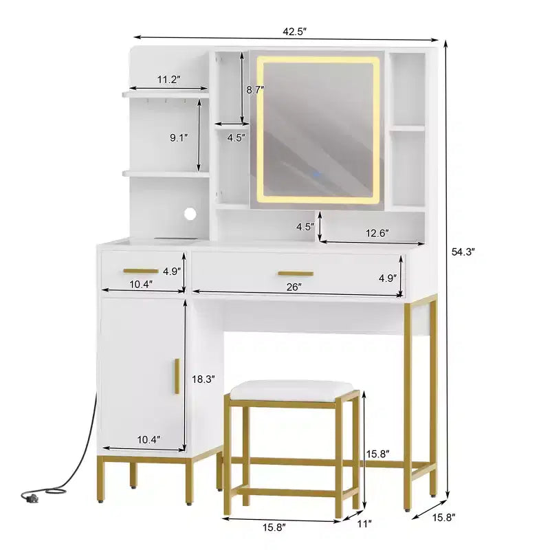 Makeup Vanity Table with Lighted Mirror, Charging Station, Stool, Drawers and Cabinet - Bedroom