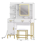 Makeup Vanity Table with Lighted Mirror, Charging Station, Stool, Drawers and Cabinet - Bedroom