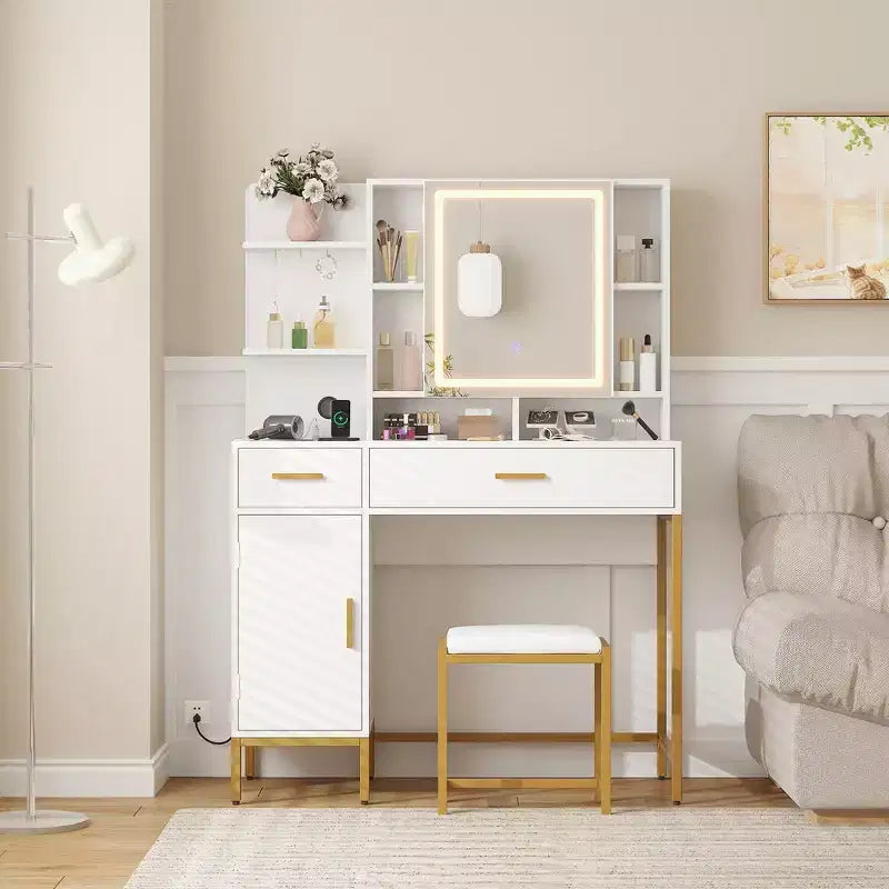 Makeup Vanity Table with Lighted Mirror, Charging Station, Stool, Drawers and Cabinet - Bedroom