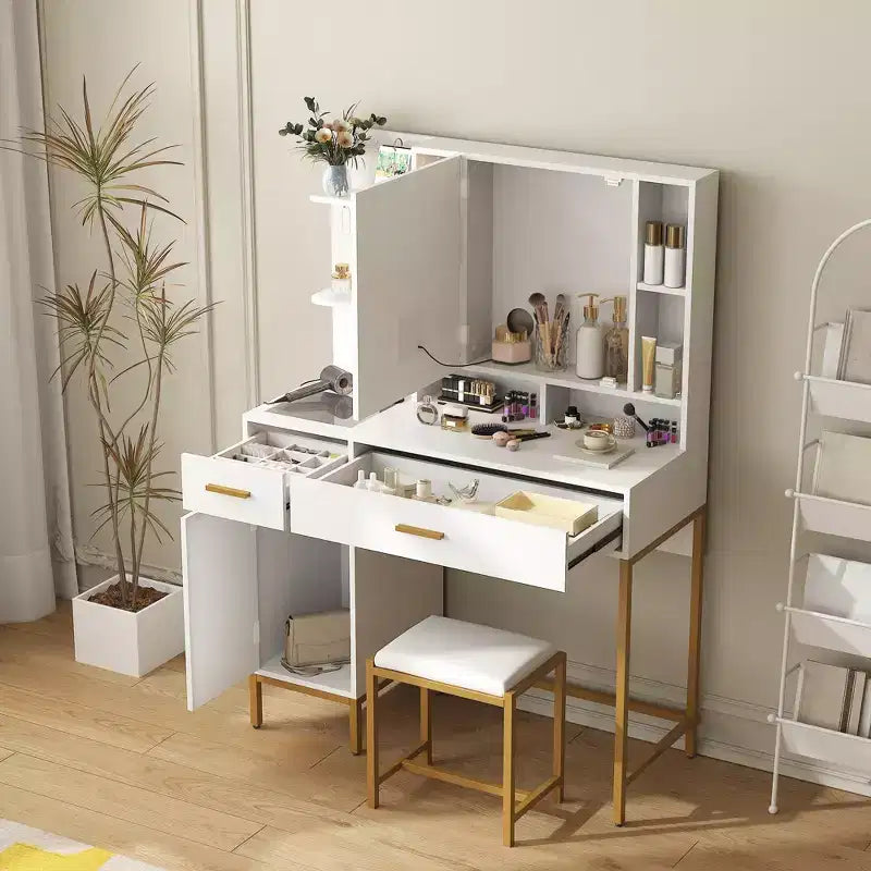 Makeup Vanity Table with Lighted Mirror, Charging Station, Stool, Drawers and Cabinet - Bedroom