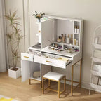 Makeup Vanity Table with Lighted Mirror, Charging Station, Stool, Drawers and Cabinet - Bedroom