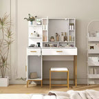 Makeup Vanity Table with Lighted Mirror, Charging Station, Stool, Drawers and Cabinet - Bedroom