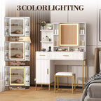 Makeup Vanity Table with Lighted Mirror, Charging Station, Stool, Drawers and Cabinet - Bedroom