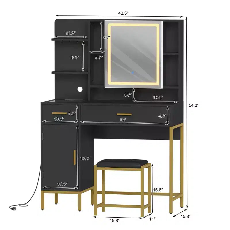 Makeup Vanity Table with Lighted Mirror, Charging Station, Stool, Drawers and Cabinet - Bedroom