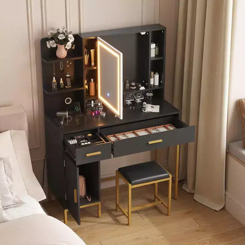 Makeup Vanity Table with Lighted Mirror, Charging Station, Stool, Drawers and Cabinet - Bedroom