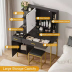 Makeup Vanity Table with Lighted Mirror, Charging Station, Stool, Drawers and Cabinet - Bedroom
