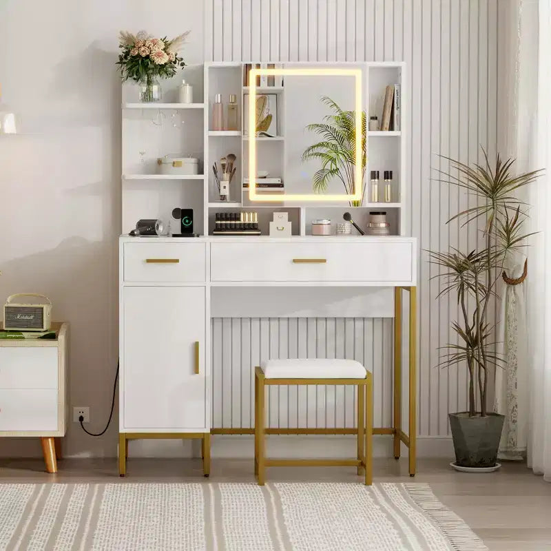 Makeup Vanity Table with Lighted Mirror, Charging Station, Stool, Drawers and Cabinet - Bedroom