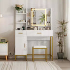 Makeup Vanity Table with Lighted Mirror, Charging Station, Stool, Drawers and Cabinet - Bedroom