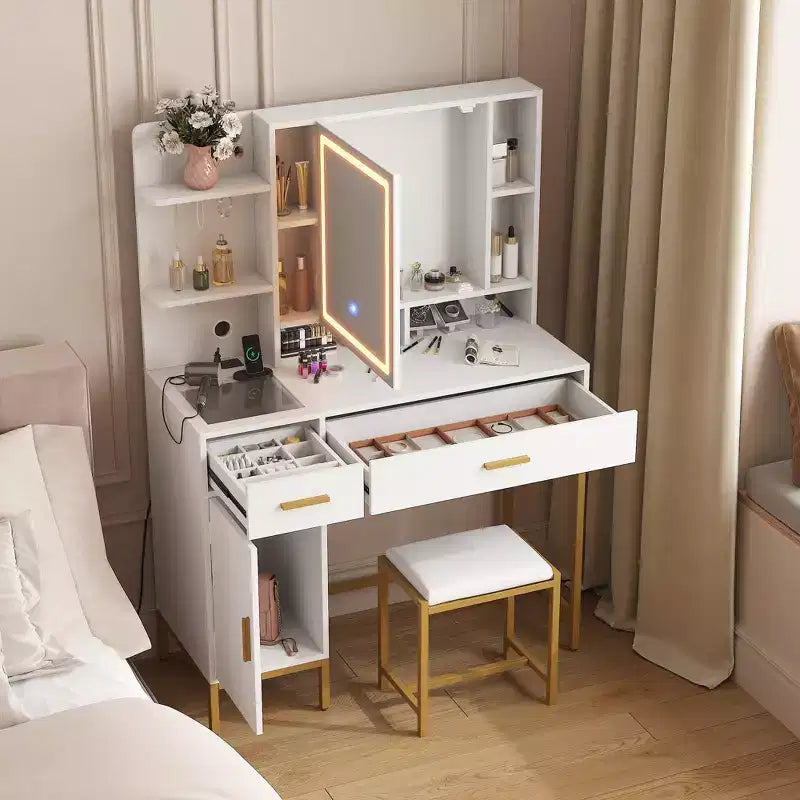Makeup Vanity Table with Lighted Mirror, Charging Station, Stool, Drawers and Cabinet - Bedroom