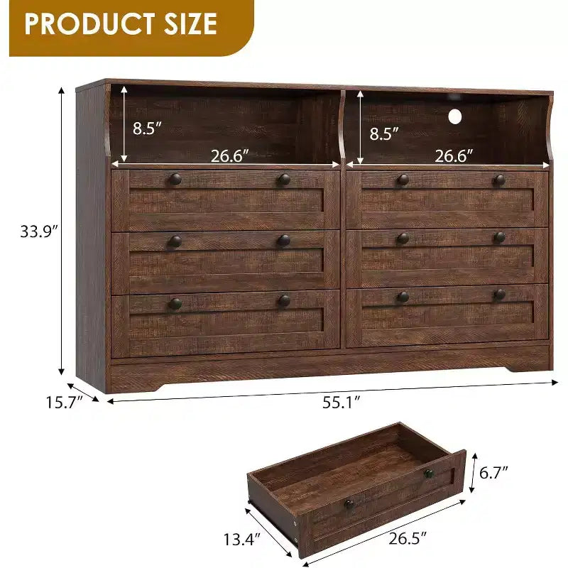 6 Drawer Dresser with LED and Power Strip, Dressers & Chests of Drawers with Storage Cabinet for Bedroom, 55 Wide Wood TV Stand