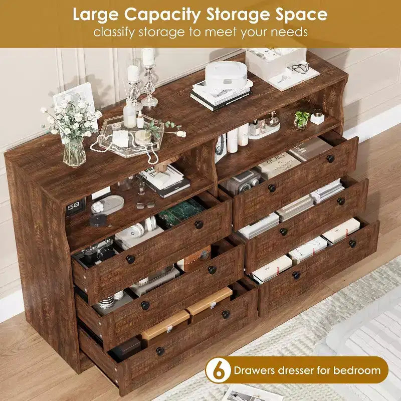 6 Drawer Dresser with LED and Power Strip, Dressers & Chests of Drawers with Storage Cabinet for Bedroom, 55 Wide Wood TV Stand