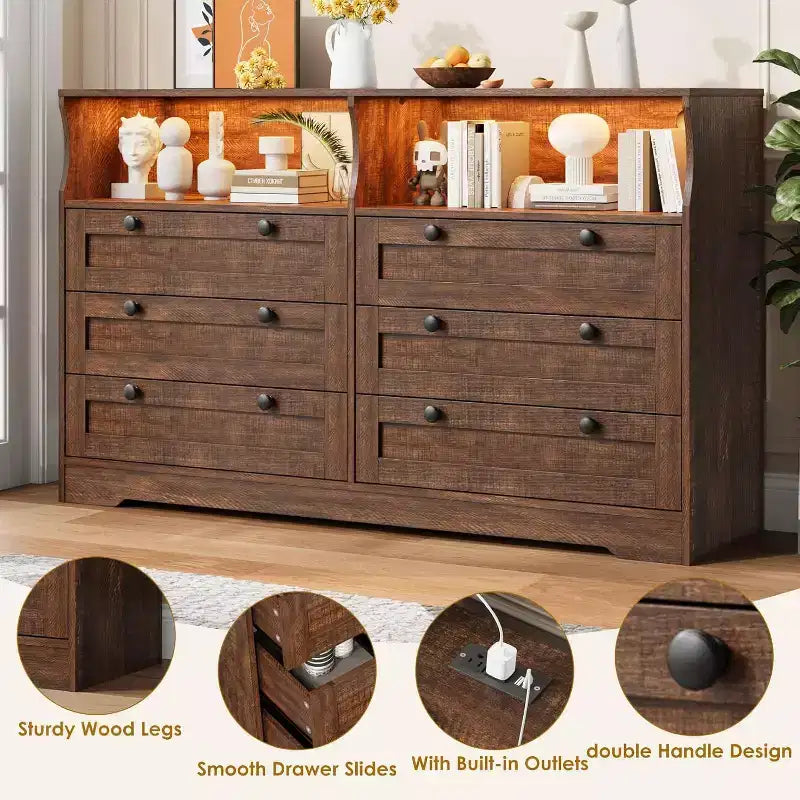 6 Drawer Dresser with LED and Power Strip, Dressers & Chests of Drawers with Storage Cabinet for Bedroom, 55 Wide Wood TV Stand