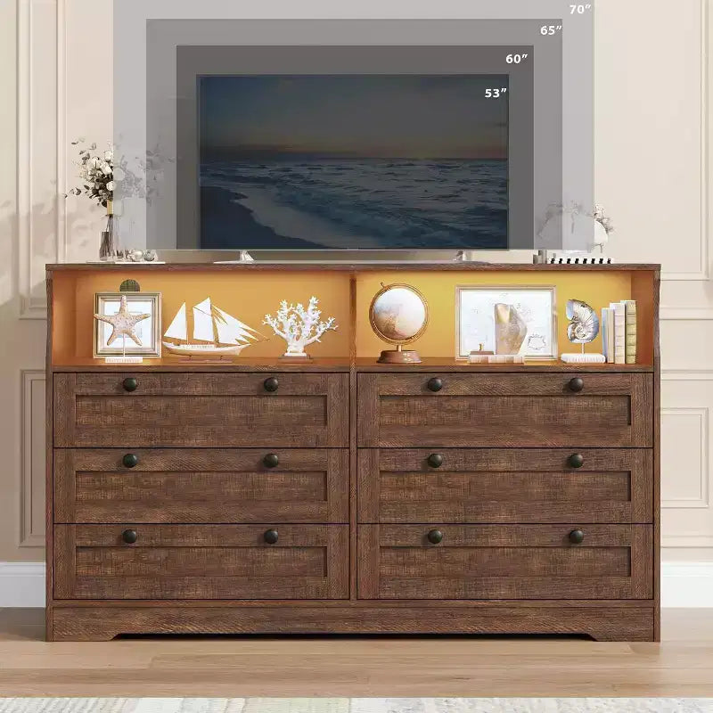 6 Drawer Dresser with LED and Power Strip, Dressers & Chests of Drawers with Storage Cabinet for Bedroom, 55 Wide Wood TV Stand