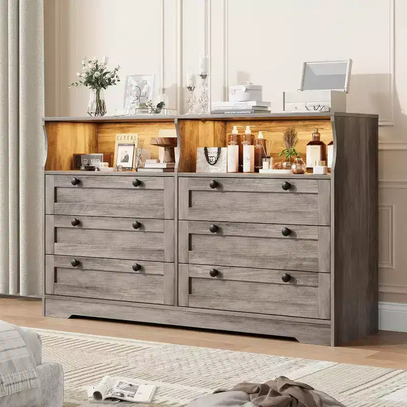 6 Drawer Dresser with LED and Power Strip, Dressers & Chests of Drawers with Storage Cabinet for Bedroom, 55 Wide Wood TV Stand