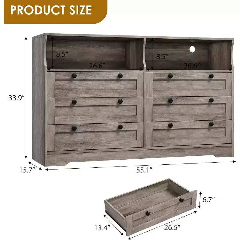 6 Drawer Dresser with LED and Power Strip, Dressers & Chests of Drawers with Storage Cabinet for Bedroom, 55 Wide Wood TV Stand