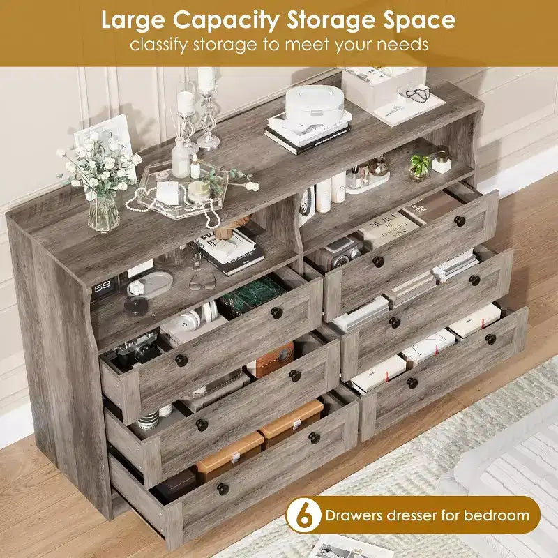 6 Drawer Dresser with LED and Power Strip, Dressers & Chests of Drawers with Storage Cabinet for Bedroom, 55 Wide Wood TV Stand