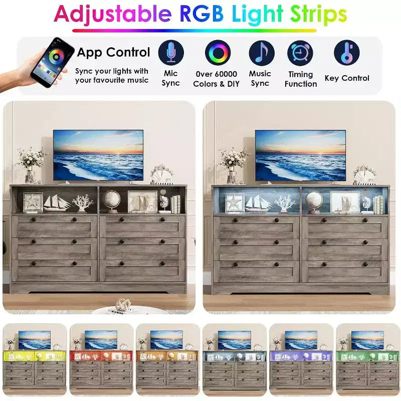 6 Drawer Dresser with LED and Power Strip, Dressers & Chests of Drawers with Storage Cabinet for Bedroom, 55 Wide Wood TV Stand