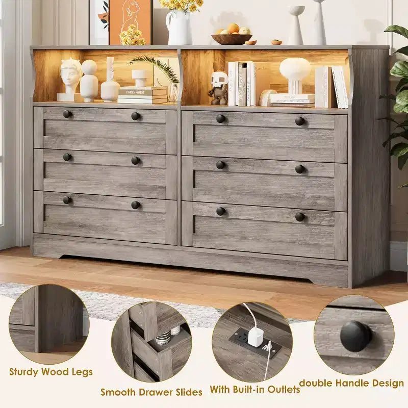 6 Drawer Dresser with LED and Power Strip, Dressers & Chests of Drawers with Storage Cabinet for Bedroom, 55 Wide Wood TV Stand