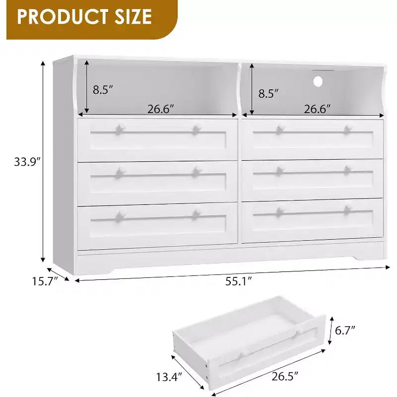 6 Drawer Dresser with LED and Power Strip, Dressers & Chests of Drawers with Storage Cabinet for Bedroom, 55 Wide Wood TV Stand