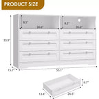 6 Drawer Dresser with LED and Power Strip, Dressers & Chests of Drawers with Storage Cabinet for Bedroom, 55 Wide Wood TV Stand