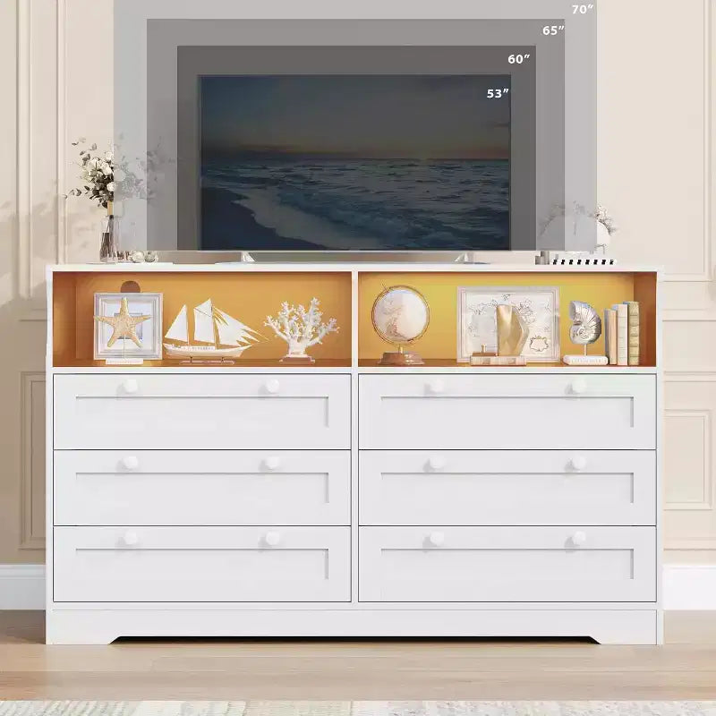6 Drawer Dresser with LED and Power Strip, Dressers & Chests of Drawers with Storage Cabinet for Bedroom, 55 Wide Wood TV Stand