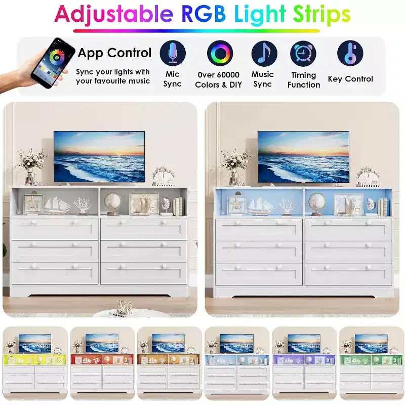 6 Drawer Dresser with LED and Power Strip, Dressers & Chests of Drawers with Storage Cabinet for Bedroom, 55 Wide Wood TV Stand