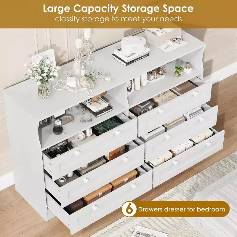 6 Drawer Dresser with LED and Power Strip, Dressers & Chests of Drawers with Storage Cabinet for Bedroom, 55 Wide Wood TV Stand